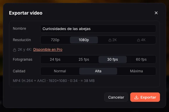 Export video dialog with resolution, frame rate and quality