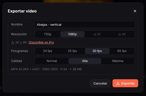 Export video dialog for a vertical project at 1080×1920