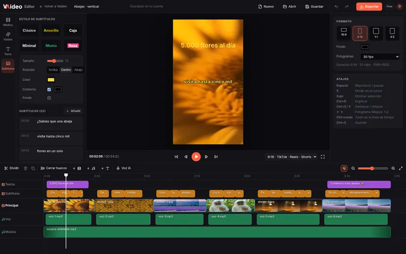 Captions panel with yellow text, black outline and centred position on a vertical video