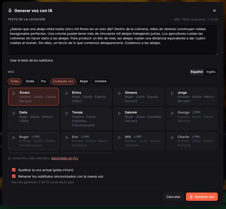 Generate AI voice dialog with the voice-over text and the voice catalogue