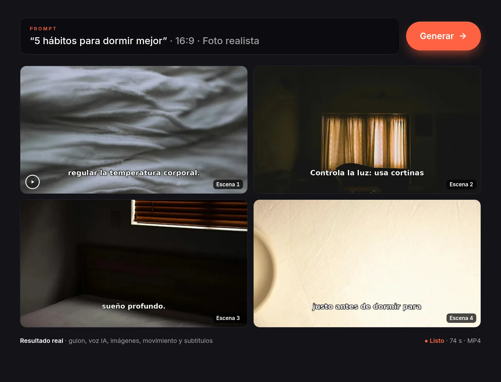Prompt «5 hábitos para dormir mejor» y fotogramas reales del vídeo que generó Vaideo